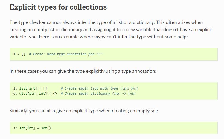 Mypy docs - Explicit types for collections